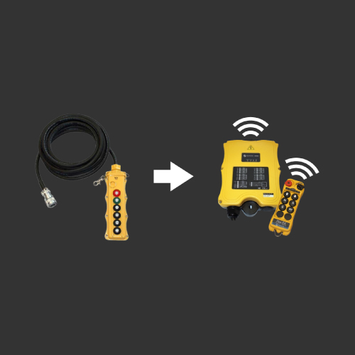 black and white image of crane operator remotes - Aero Material Handling Inc